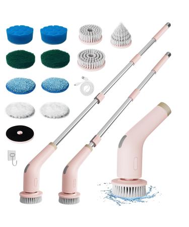 KrenLak Electric Spin Scrubber Cordless Cleaning Brush with 11 Replacement Heads Adjustable Extension Handle and Dual Speeds Power Scrubber Bathroom Cleaner Brush for Tub Floor Tile (Pink)