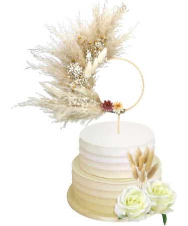 Boho Cake Topper Decorations - Natural Pampas Grass & Dried Flower Cake Toppers with Wooden Hoop - Perfect for Bohemian Wedding, Baby Shower, Birthday Party - 13PCS - Buy Online on GoSupps.com