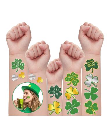Partywind 64 PCS St Patrick's Day Temporary Tattoos  Metallic Glitter Shamrock Face Stickers for Saint Patrick's Day Decorations Party Favors  Irish Shamrock Decor for Women  Men  Kids (2 Sheets)