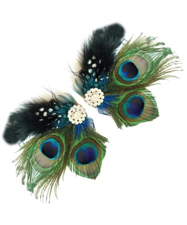 2PCS Beautiful Butterfly Faux Peacock Feather Hair Clip Pins with Artificial Pearl Rhinestones Feather Hair Clip Pin Bridal Wedding Party Decorations