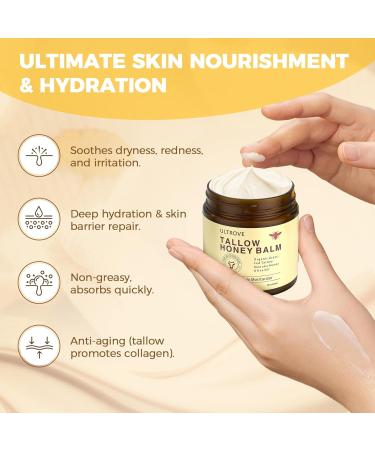 Ultrove Beef Tallow and Honey Balm for Skin Natural Face + Body Moisturizer with Organic Grass-Fed Beef Tallow & Raw Wild Honey for Dry & Sensitive Skin 4.23oz - Buy Online on GoSupps.com