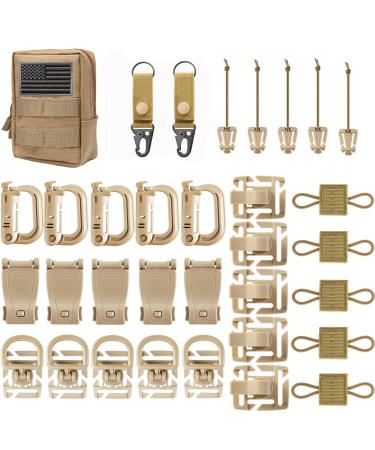 FRTKK Molle Accessories Kit of 34 Attachments for Tactical Backpack Belt Vest D-Ring Locking Gear Clip for 1 Webbing Strap Tan