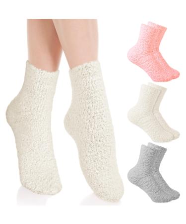 3Pairs Aloe Socks Moisturizing Spa Socks Sleeping Fuzzy Socks for Dry Feet Overnight Non Slip Coral Fleece Lotion Socks Women Spa Pedicure Foot Care Socks for Repairing Dry Feet (Pink&Grey&White)