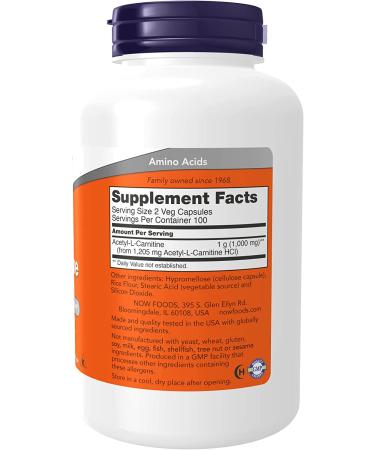 Now Foods Acetyl-L-Carnitine 500mg - 200 Vegan Capsules for Energy & Focus - Buy Online on GoSupps.com