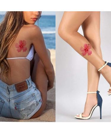 Wildflower Hibiscus Pink Flower Watercolor Temporary Tattoos - 6 Sheets for Women - Neck, Arm, Chest - Adults Men & Women - Buy Online on GoSupps.com