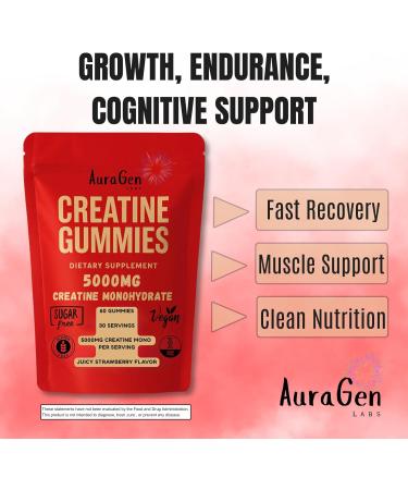 AuraGen Labs Creatine Gummies 5g (5000mg) Sugar-Free Vegan Creatine Supplement for Men & Women 30-Day Supply for Muscle Strength Recovery & Cognitive Support Juicy Strawberry - Buy Online on GoSupps.com
