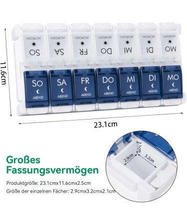 Mericargo 7-Day Pill Organizer - Portable 2-Compartment Pill Box for Vitamins & Fish Oil - Easy Push Button Blue & White - Buy Online on GoSupps.com
