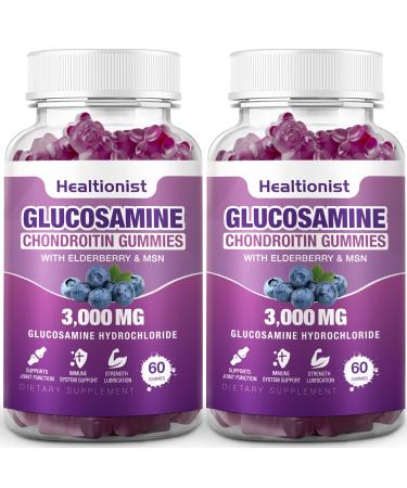 2 Packs 3000mg Glucosamine Chondroitin Gummies with MSM & Elderberry - Extra Strength Joint Health Flexibility Antioxidant Immune Support Supplement Gummy for Adults Men & Women 120 Cts 60 Count (Pack of 2)