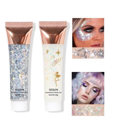 8 Color Body Glitter Silver & white Together Face Hair Self Adhesive Gel Accessories Cosmetic Glitter Long Lasting Chunky Sequins Glitters for Eye Lip Nails Gel Festival Rave 46g