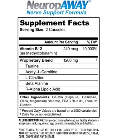 NeuropAWAY Nerve Support Supplement R-Alpha Lipoic Acid to Help Provide Nerve Relief and Health in as Little as 5 Days Acetyl-L-Carnitine Taruine Vitamin B12 L-Citrulline 120 Capsules 120 Count (Pack of 1) - Buy Online on GoSupps.com