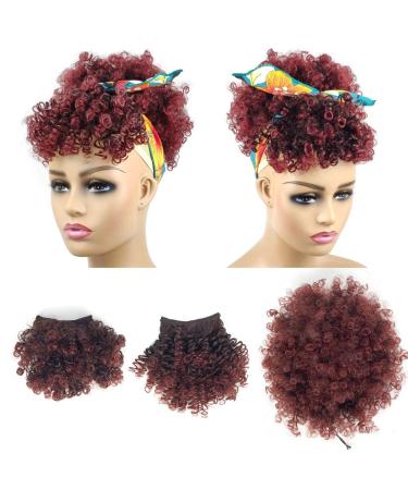 Afro Puff Drawstring Ponytail with Bangs Pineapple Updo Hair for Black Women Short Kinky Curly Ponytail Bun with 2 Bangs(#1B/BUG) 1 ponytail+ 2 bangs T1B/BUG