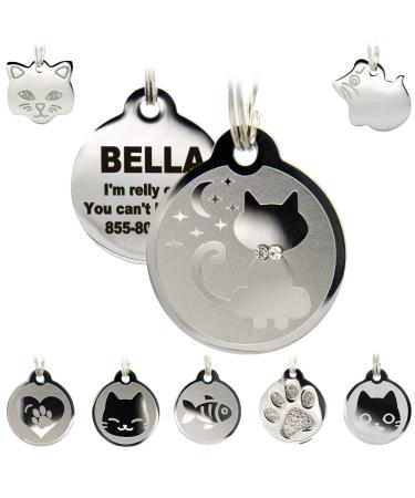 Stainless Steel Cat ID Tags - Engraved Personalized Cat Tags Includes up to 4 Lines of Text for Cat Round Moon