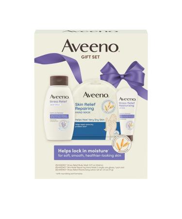 Aveeno Stress Relief Gift Set Skincare Set for Sensitive Skin with Soothing Body Wash & Moisturizing Body Lotion plus Skin Relief Repairing Hand Masks for Very Dry Skin 3 Items