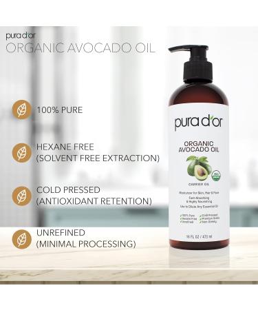 PURA D'OR 16 Oz ORGANIC Fractionated Coconut Oil Avocado Oil - 100% Pure & Natural USDA Certified Cold Pressed Carrier Oils - Unscented Hexane Free Moisturizer For Face Skin Hair & Body - Men & Women - Buy Online on GoSupps.com