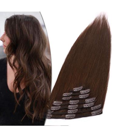 Clip in extensions real hair extension hairpiece 8 wefts heat resistant straight Remy human hair medium brown #4-1 25 cm (75 g)