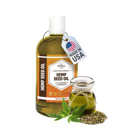 Organic Hemp Seed Oil (8 oz) Premium Cold Pressed Unrefined | 100% Pure Hemp Seed Oil for Skin Face Hair Soap Making Massage | Carrier for Essential Oils | Available in Bulk | 8 FL OZ