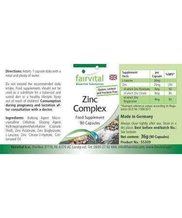 Fairvital Zinc Complex 25mg 90 Capsules Zinc Picolinate Zinc Citrate and Zinc Bisglycinate high dose vegan Made in Germany fairvital - Buy Online on GoSupps.com