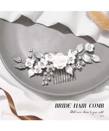 Edary Bride Flower Wedding Hair Comb Silver Pearl Headpiece Leaf Wedding Side Comb Bridal Hair Accessories for Women and Girls - Buy Online on GoSupps.com