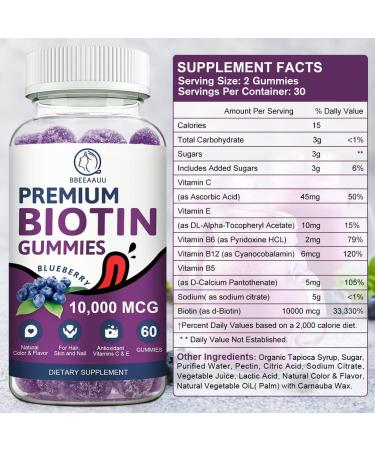 BBEEAAUU Biotin Gummy Vitamins for Hair, Skin, & Nails Growth - 120 Count x 2 Pack | 10000mg Vegan Pectin Gummies - Blueberry Flavor - Buy Online on GoSupps.com