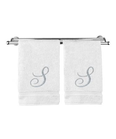 Monogrammed Washcloth Towel  Personalized Gift  13x13 Inches - Set of 2 - Silver Script Embroidered Towel - Extra Absorbent 100% Turkish Cotton - Soft Terry Finish - Initial S White 2 Washcloths - Script Initial S White ...