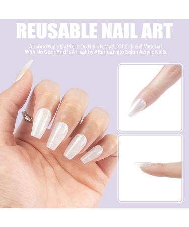 LADYING Moonlight Glitter Gel False Nails - Milky White Coffin Press on Nails French Tip Pattern Medium Kit with Nail Glue for Women Nails Art - 1 Pack - Buy Online on GoSupps.com