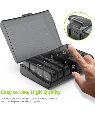 AUVON Weekly Pill Organizer with 7 Daily Large Cases - 4 Times a Day for Fish Oils, Vitamins, Supplements, Medication (Black) - Buy Online on GoSupps.com