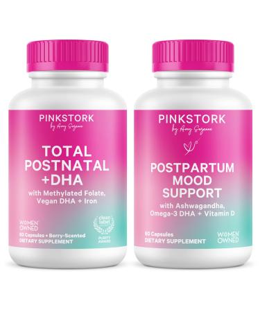 Pink Stork Total Postnatal Multivitamin + Postpartum Mood Support - Folate B12 Ashwagandha Chamomile Support Nutrition Postpartum Mood and Stress Bundle