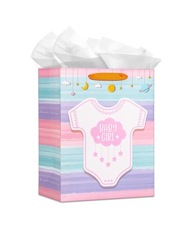WhatSign Baby Shower Bags for Girls 13" Large Baby Girl Gift Bags with Tissue Paper New Baby Girls Paper Gifts Bags with Handles Baby Shower Party Favors for Guests Newborn Baby Girls Birthday Party Supplies
