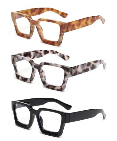 JM 3 Pack Square Reading Glasses Blue Light Blocking Computer Reader for Women and Men 3 Pack Mixed 2.5 x