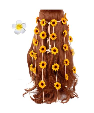 Flower Headband Hippie Sunflower Hairband Floral Crown Bohemian Hair Band Women Girls Boho Hair Hoop Headdress Headwear Headpiece Party Decoration Cosplay Costume Cute Handmade Hair Accessories Yellow Yellow Style