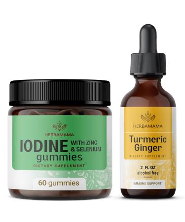 Herbamama Potassium Iodine and Turmeric Ginger 2 fl oz Kit - Bundle of Iodine Gummies and Turmeric Ginger Tincture - Vegan Non-GMO Alcohol-Free - 2 Pack