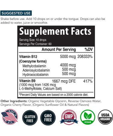 Organic Vitamin B12 5000 mcg | 3 BioActive B12 Forms | Cherry Flavor | Vegan | Non-GMO (60 Servings) - Buy Online on GoSupps.com