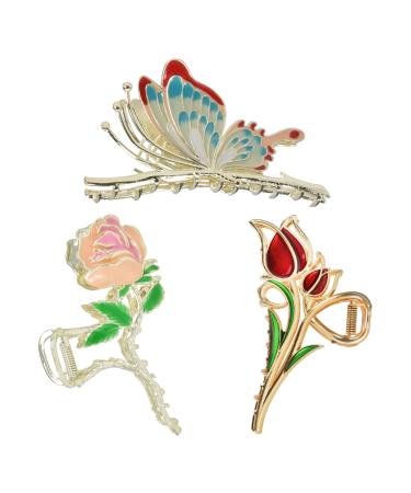 Yonchic 3-Piece Flower Metal Hair Clips  Butterfly Hair Claw for Thin/Medium Thick Hair  Elegant Red Tulip Floral Hair Barrettes Strong Hold Hair Clamps Non-Slip Cute Pink Rose Hair Claws Catch Clip Accessories Butterfly...