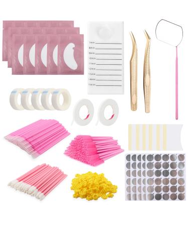 Lash Extension Supplies Kit with Large Eyelash Mirror Breathable Tape Glue Holder Professional & Precision Grip Tweezers Eye Patches Micro Swab Brush Eyebrow Brush and Lip Brush