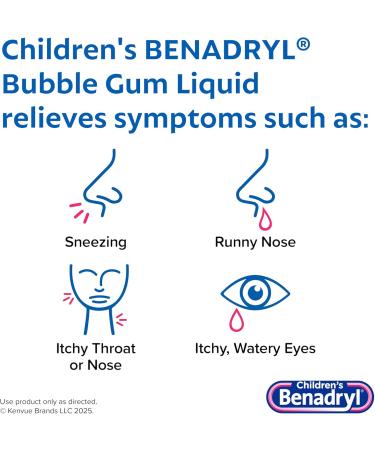 Benadryl Children s Dye-Free Allergy Relief Liquid Allergy Medicine for Kids 12.5 mg Diphenhydramine HCl Antihistamine Relieves Runny Nose & Sneezing Paraben-Free Bubble Gum Flavor 8 fl. Bubblegum 8 Fl Oz (Pack of 1) - Buy Online on GoSupps.com