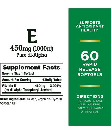 Nature's Bounty Vitamin E 450mg (1000 IU) - 60 Rapid Release Softgels for Antioxidant Support - Buy Online on GoSupps.com