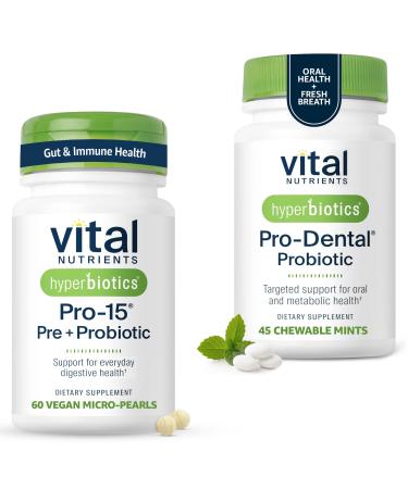 Hyperbiotics Vital Nutrients Gut & Oral Health Bundle Pro-15 Digestive Prebiotics + Probiotics (60 Time Release Pearls) & Pro-Dental Oral Probiotics with BLIS K12 & M18 (45 Mint Tablets)