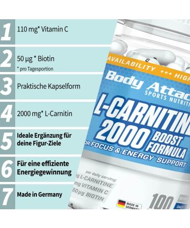 Buy Body Attack L-Carnitine 2000 - High Dose 2000 mg Capsules | 100 Caps Vegan 110 mg Vitamin C & Biotin for Weight Loss and Diet Support - International Shipping Available - Buy Online on GoSupps.com