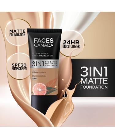 FA..CES/ CANADA All Day Hydra Matte Foundation|3-In-1 Foundation + Moisturizer Cream+Spf 30|24 Hr Aloe Hydration&Vitamin C|10Hr Long Wear|Medium To High Buildable Coverage|Golden Beige 032|25Ml Pack Of 1 - Buy Online on GoSupps.com