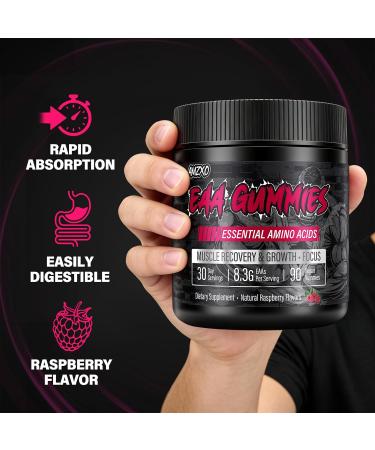 EAA Gummies - 2:1:1 BCAA Formula (8300mg) - Essential Amino Acids for Muscle Recovery & Endurance - Non-GMO Gluten Free Sugar Free Vegetarian Raspberry Flavor - 90 Count - Buy Online on GoSupps.com