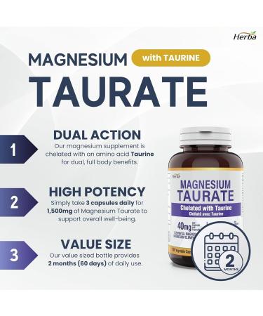 Herba Magnesium Taurate Supplement 500mg 180 Vegetable Capsules | Chelated with Taurine for Bioavailability | 40mg of Elemental Magnesium Per Capsules | Made in Canada - Buy Online on GoSupps.com