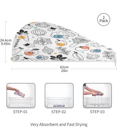 Doodle Vegetables & Fruits Dry Hair Cap Set - 2 Piece Quick Drying Towel with Button Headband Super Absorbent & Soft Comfort - Buy Online on GoSupps.com