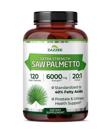 Zazzee Extra Strength Saw Palmetto 20:1 Extract 6000 mg Strength 40% Fatty Acids 120 Vegan Capsules 4 Month Supply Concentrated and Standardized 20X Extract Non-GMO All-Natural Made in the USA