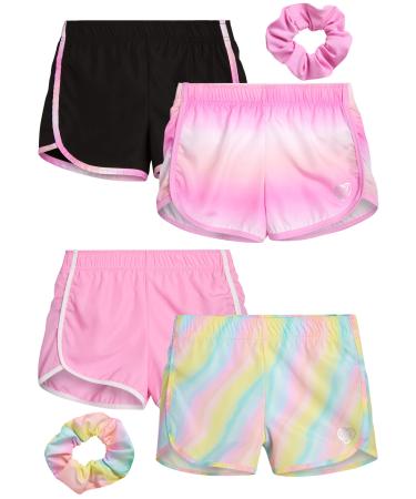 Body Glove Girls' Shorts - 4 Pack Athletic Performance Dry Fit Dolphin Gym Shorts, Scrunchie (7-12) Tie Dye/Pink/Black 7