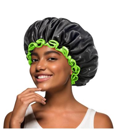 mikimini Black Shower Cap 1 Pack Reusable Double Layers Waterproof Bathing Shower Hat with Soft Comfortable PEVA Lining non-fading Stretchy Shower Cap for Women Men & Girls Medium (Pack of 1) Black+Green