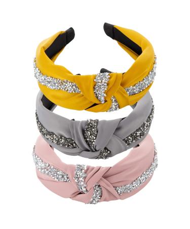 kalyn 3Pcs Fashion Rhinestone Diamond Headbands satin knot headbands Hair Bands Glitter Hairband for Women Girls Hair Accessories(Yellow  pink  gray colors) Gray Pink Yellow