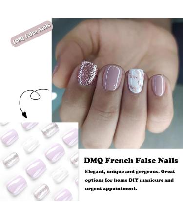 24Pcs Purple White Glitter False Nails - Short Squoval Press On Nails with Glue for Women & Girls - Buy Online on GoSupps.com