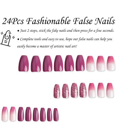 Purple Gradient Glitter Coffin False Nails - 24Pcs Press on Nails with Nail Glue for Women & Girls - Buy Online on GoSupps.com