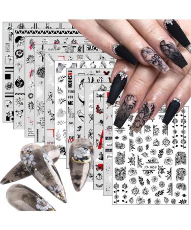 12 Sheets Retro Flower Nail Art Stickers Decal Nail Supplies 3D Self-Adhesive Nail Decals Leaves Vintage Flower Vine Letters Black White Nail Design Sticker for Girl Women DIY Nail Accessories Craft