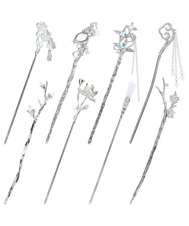 inSowni 8 Pieces Decorative Retro Crystal Pearl Silver Hair Sticks Pins with Pendants Asian Chinese Hanfu Cloud Star Lotus Flower Hair Forks Chopsticks Bun Updo Holders Long Hairpins for Women Girls